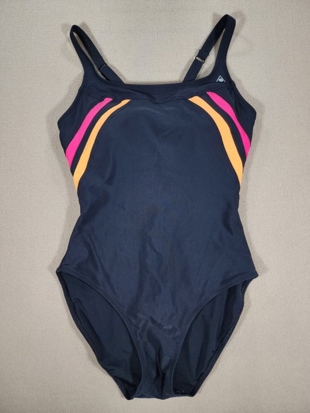 Aqua Sphere Siena Size 34 USA 8 Black Pink Orange Striped One Piece Swimsuit